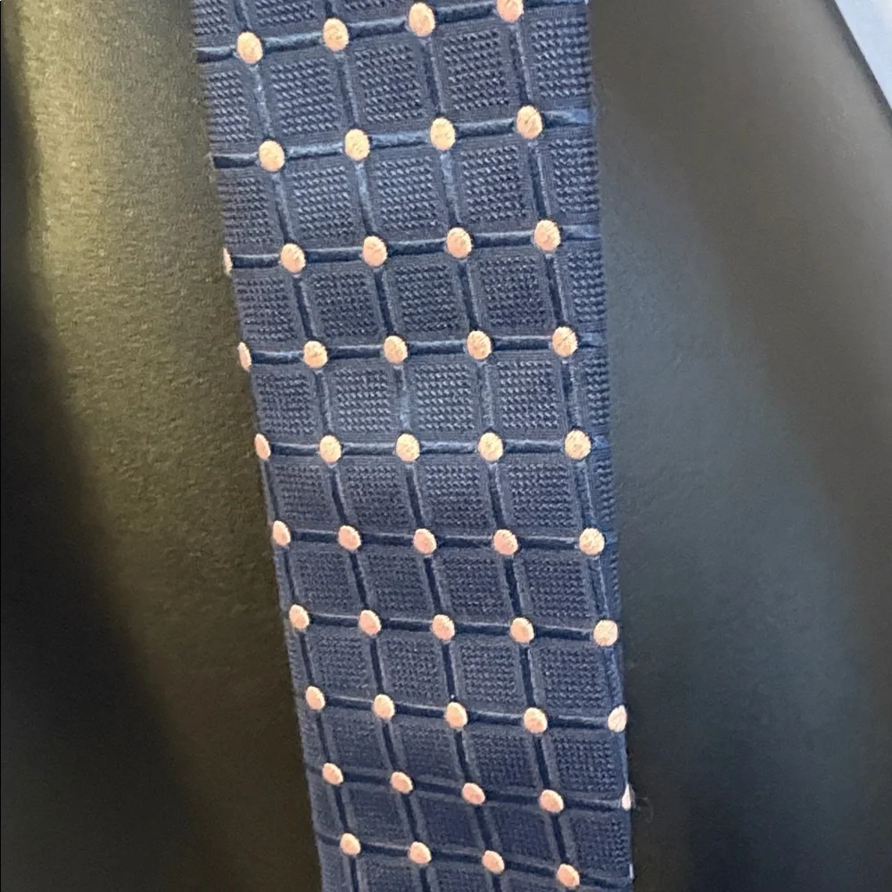 Barneys New York Blue With Pink Polka Dot Windowpane Design Silk Necktie Tie